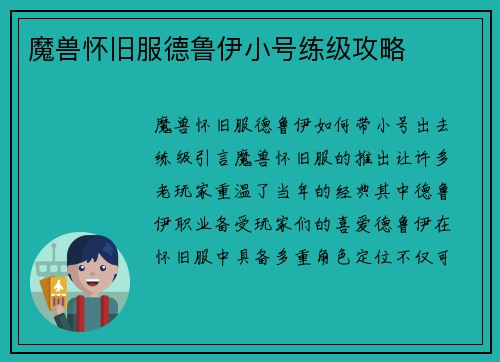 魔兽怀旧服德鲁伊小号练级攻略